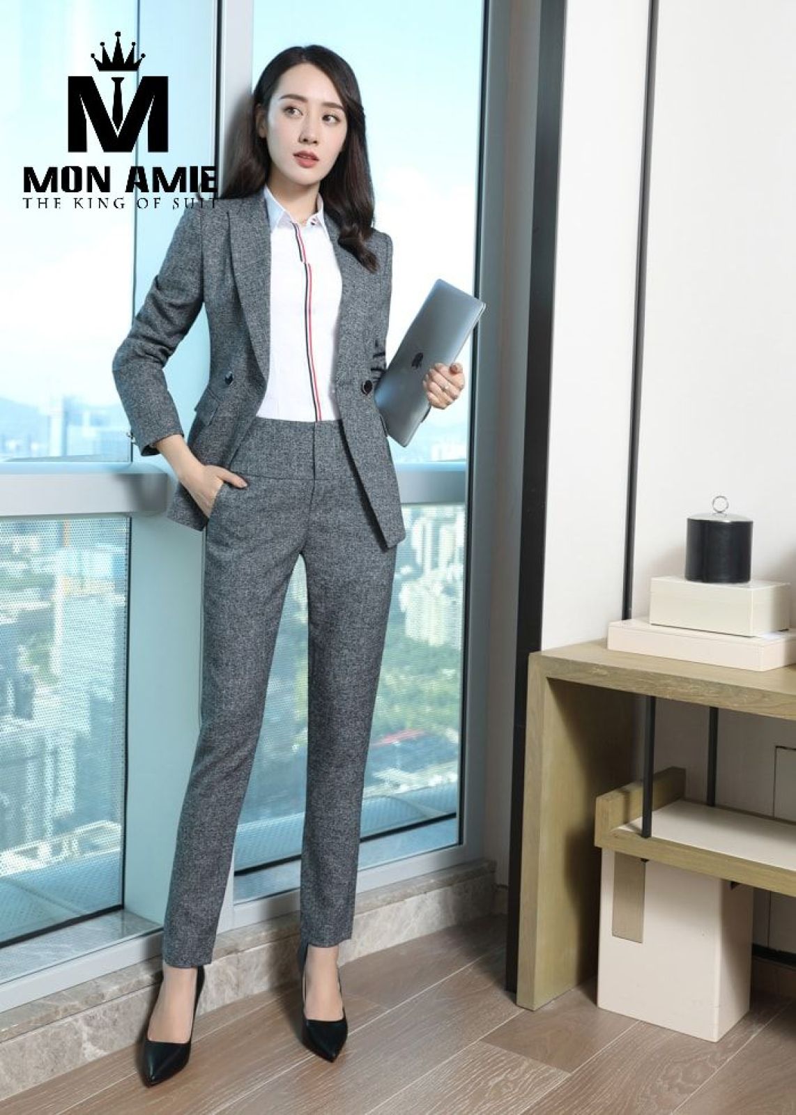 Melange Grey Double Breasted Suit With Trousers 